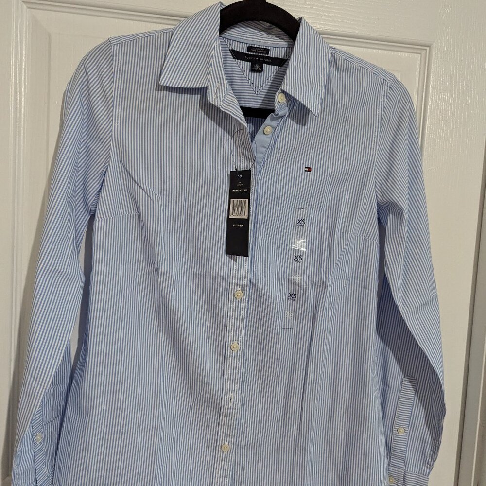 NWT Tommy Hilfiger Blue Striped Long Sleeve Classic Fit Button Down Shirt Sz XS